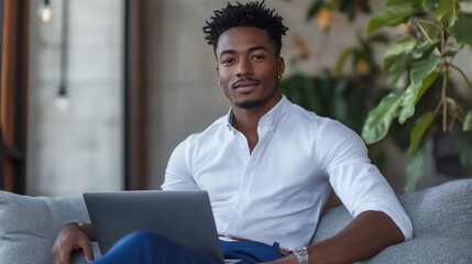 African-American man wearing a white shirt and jeans, sitting on a grey sofa and using a laptop indoors. She is looking at the camera and smiling, showcasing a home interior design concept