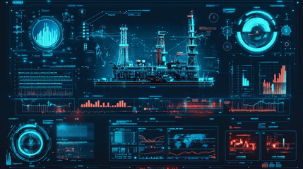 Obraz premium An advanced digital interface showcasing an offshore oil rig, highlighting the intersection of technology and the oil industry. The design includes various data visualization elements, coding scripts,
