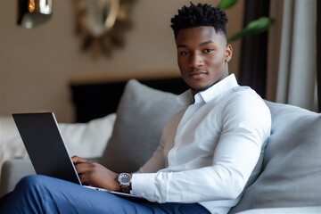 African-American man wearing a white shirt and jeans, sitting on a grey sofa and using a laptop indoors. She is looking at the camera and smiling, showcasing a home interior design concept
