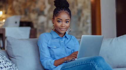 African-American woman wearing a blue shirt and jeans, sitting on a grey sofa and using a laptop indoors