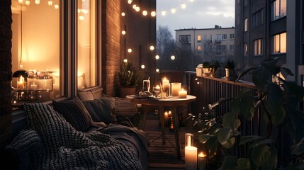Small urban balcony with a casual dining setup, cozy blankets, candles providing soft light, and friends enjoying a relaxed meal, hygge warmth 