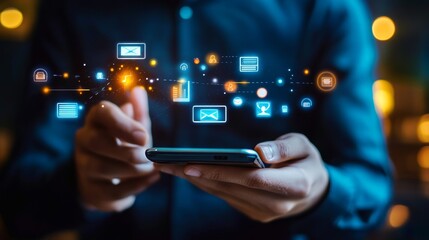 Customer support hotline Contact us people connection. Businessman using Smart Phone with the email, call phone, address, Chat message icons. 