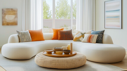 Cozy Living Room, Modern Interior Design, Warm Toned Decor, Soft Curved Furniture, Scandinavian Style, Minimalist Comfort, Relaxing Lounge Space, Bright Natural Lighting, generativeAi illustration