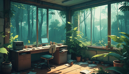 lofi calm desk interior with light messy vibes, atmospheric evening, and a forest jungle nature feel