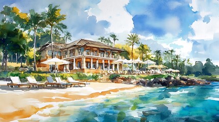 Obraz premium Watercolor painting of a tropical beach house with palm trees and ocean.