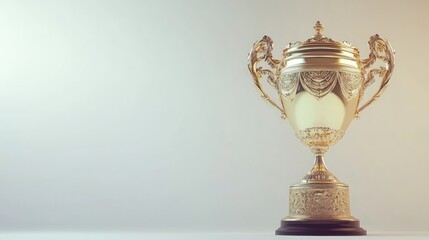 Glistening golden trophy showcasing intricate craftsmanship, symbolizing victory and achievement, adorned with elaborate designs and graceful handles.