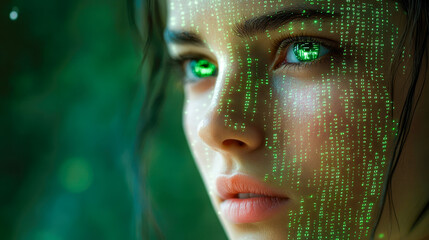 A face with strong eye contact features digital data code overlay, suggesting a connection to virtual worlds and possibilities.