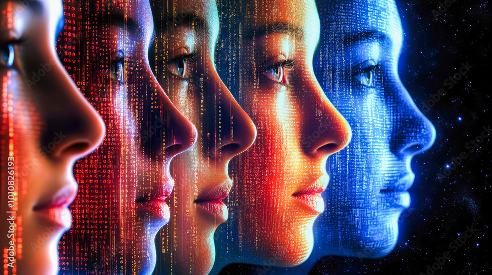 Poster multiple profiles show a transition of color and digital patterns, representing identity and transfo