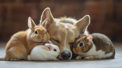 A peaceful dog lays with two rabbits and a guinea pig, forming a cozy, heartwarming scene of interspecies friendship and rest. The natural bond between these animals is endearing and tender.. AI