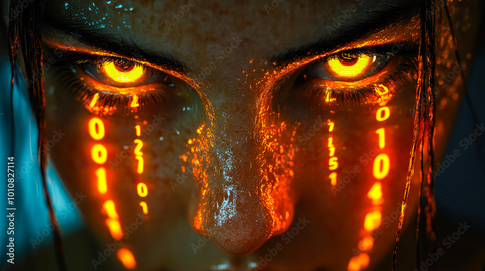 Poster futuristic imagery of a face with long strings of glowing digits cascading elegantly in a high-tech 