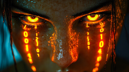 Futuristic imagery of a face with long strings of glowing digits cascading elegantly in a high-tech digital art style.