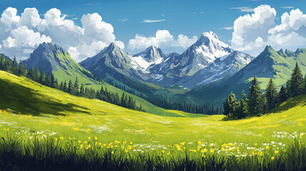 Fototapeta premium Vibrant mountain landscape with snowy peaks under a brightly lit sky and lush green meadows
