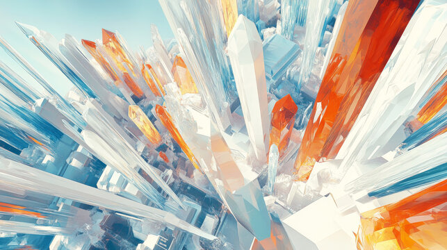 A vector illustration of an abstract 3D crystal, with a perspective view of city rooftops in the background. The scene features a chaotic arrangement of glass pendants, evoking a sense of modernity an