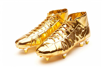 A pair of gold football boots, high-definition photography, white background