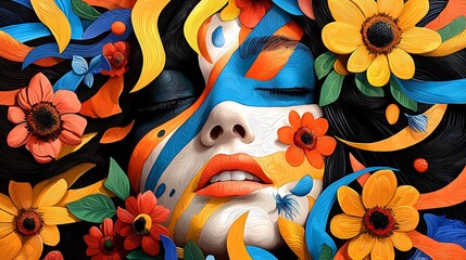 Obraz premium Abstract Colorful Woman with Flowers and Swirls Digital Art Illustration