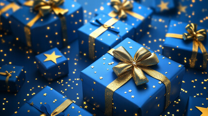 Generative AI illustration of blue gifts with golden bows and ribbons placed on blue background near stars
