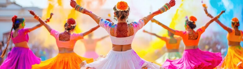 Indian Holi festival dancers in traditional costumes, swirling colors in the air, vivid carnival...