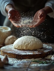 Flour flies into the air as dough is prepared on a wooden surface. The image captures the vibrant movement and tactile nature of traditional bread making, evoking a sense of homely warmth.. AI