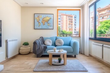 Fototapeta premium Sunlit living room with a blue sofa, map artwork, and city view.
