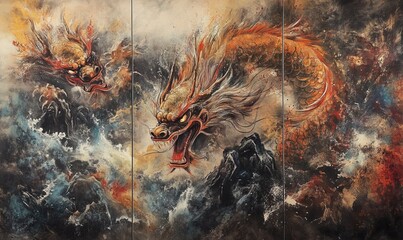 A painting of a dragon with two heads and a long tail