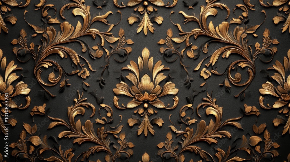 Poster Ornate Floral Pattern in Bronze on Black