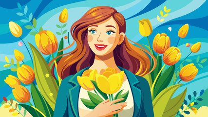 young happy woman with yellow tulips