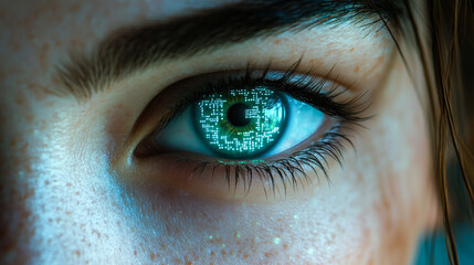 A digital sphere is enclosed within a human eye, representing the amalgamation of human perception and artificial intelligence imagery.