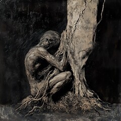 Obraz premium The Embrace of the Tree: A Surreal and Thought-Provoking Artwork