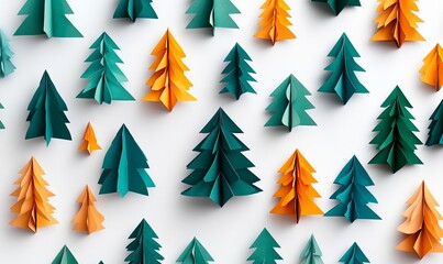 Fototapeta premium A bunch of paper trees are arranged in a pattern on a white background