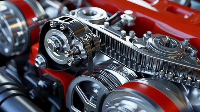 Closeup of a powerful v8 engine running, with the belt and pulleys visible. The engine is red and silver and has a lot of detail