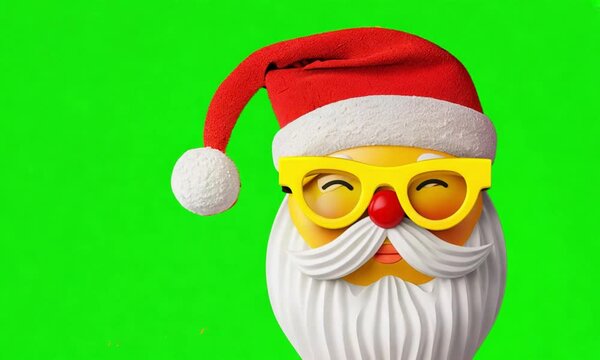 Santa Claus with a white beard and red hat is smiling with a mischievous grin, looking at the camera with wide eyes on a green background.