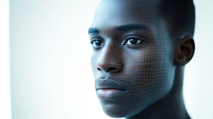 A man's profile view with a digital wireframe overlay creates a scene merging human traits with technological advancements uniquely.
