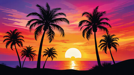 sunset with the palms tree on colourful background. Vector illustration 