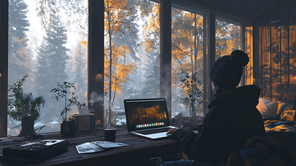 A person in a cozy cabin with large windows, working on a laptop with a cup of coffee nearby, showcasing a peaceful remote work environment in nature 