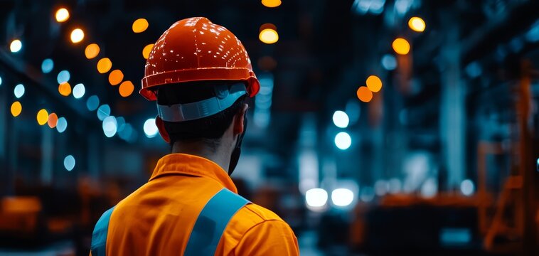 Worker in hard hat and harness, industrial construction environment, safety and labor focus, progress in building industry