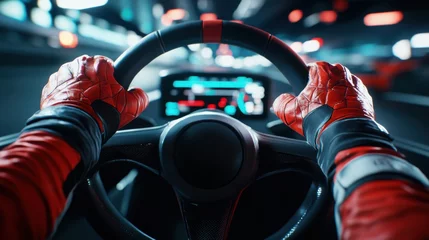 Rolgordijnen zonder boren Cinematic close-up of driver hands, racer in red gloves and protective gear, gripping steering wheel of racing car. © master1305