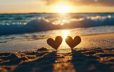 Fototapeta premium Hearts drawn in beach sand with ocean waves, warm sunset light, peaceful love symbol, beach romance concept