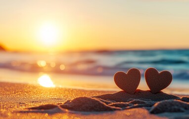 Fototapeta premium Hearts drawn in beach sand with ocean waves, warm sunset light, peaceful love symbol, beach romance concept