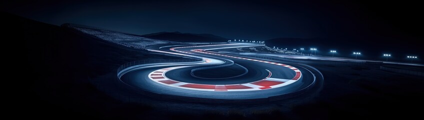 Winding race track illuminated at night, with mountains in the background and bright lights along the track.