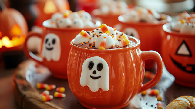 Halloween-themed mugs shaped like pumpkins, with friendly ghosts on, filled with hot chocolate and topped with candy corn and marshmallows