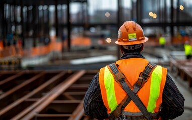 Obraz premium Industrial construction worker in safety equipment, focus on safety harness, metal framework in background, worksite progress