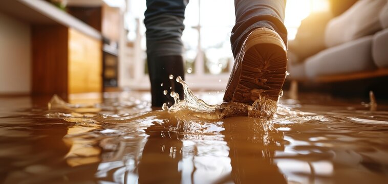 Man standing in ankle-deep water inside house, flood disaster aftermath, indoor flooding and damage concept