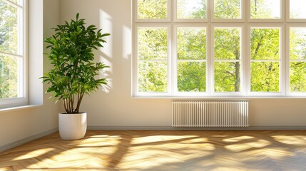 Fototapeta premium Modern living room with white radiator, plant on wooden floor, large windows letting in natural light, peaceful home design