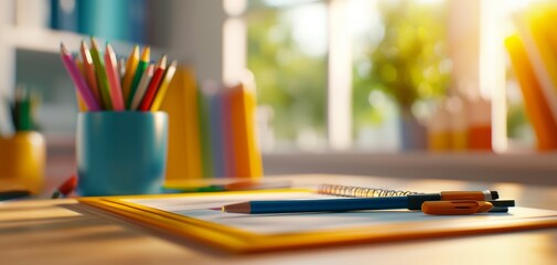 Organized student desk with school planner, pens, and stationery, back-to-school, 3D illustration