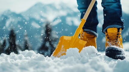 Person in winter boots using shovel to remove snow, cold weather, outdoor snow clearing activity