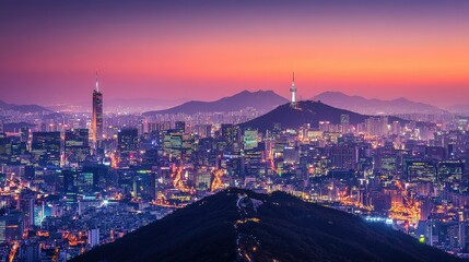Obraz premium A vibrant Seoul skyline at night, showcasing glowing skyscrapers, Namsan Tower illuminated on Namsan Mountain, with the distant Bukhansan mountain range framing the city.