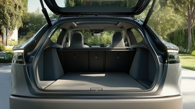 A wide, empty car trunk open to reveal plenty of space, with a clean, modern design, perfect for showcasing practicality and cargo capacity.