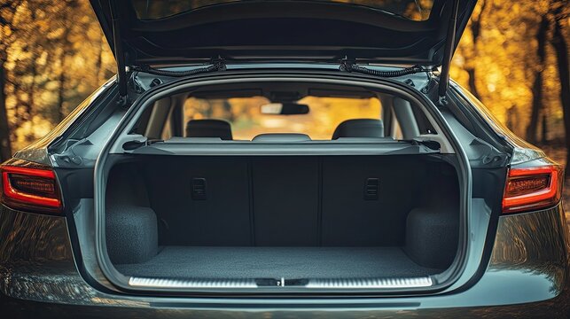 A wide, empty car trunk open to reveal plenty of space, with a clean, modern design, perfect for showcasing practicality and cargo capacity.