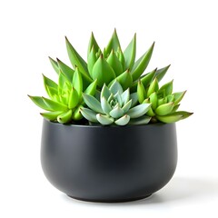 compact succulent arrangement in a low-profile matte black planter, isolated on a white background....