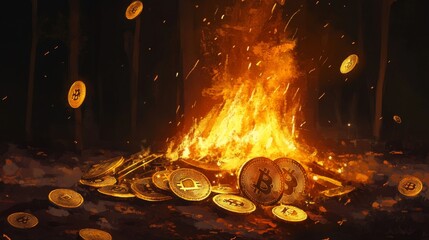 Depiction of various cryptocurrency coins engulfed in a forest fire at night, illustrating the concept of digital financial instability. Bright flames contrast against the dark background, emphasizing